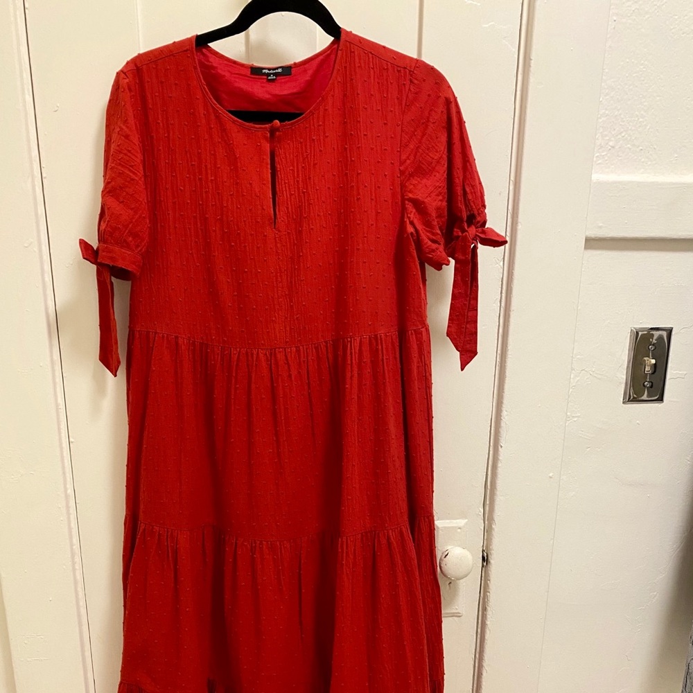 Tie-Sleeve Tiered Midi Dress in Swiss Dot